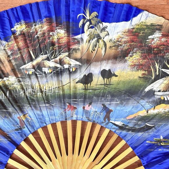 60 x 35 VTG Large Asian Fan Hanging Wall Décor HandPainted Village Mountain Lake - Picture 4 of 13